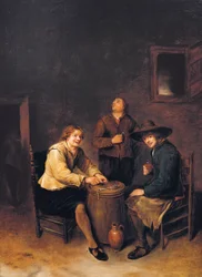 Eine Taverne im Inneren mit drei fröhlichen Bauern